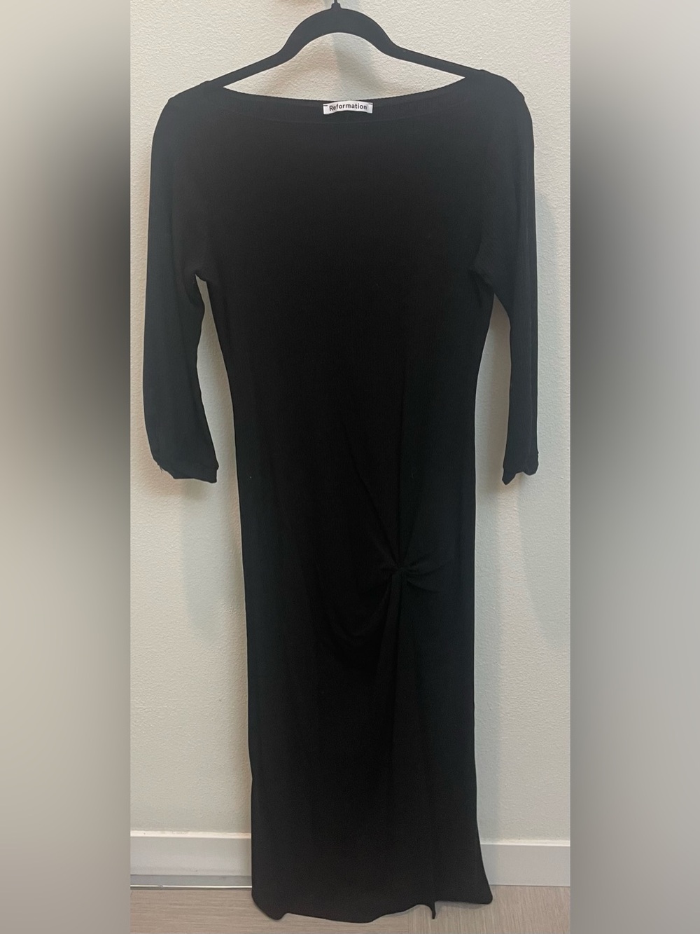 Reformation Black Twist Knot Detail Evening Midi Dress with Leg Slit
